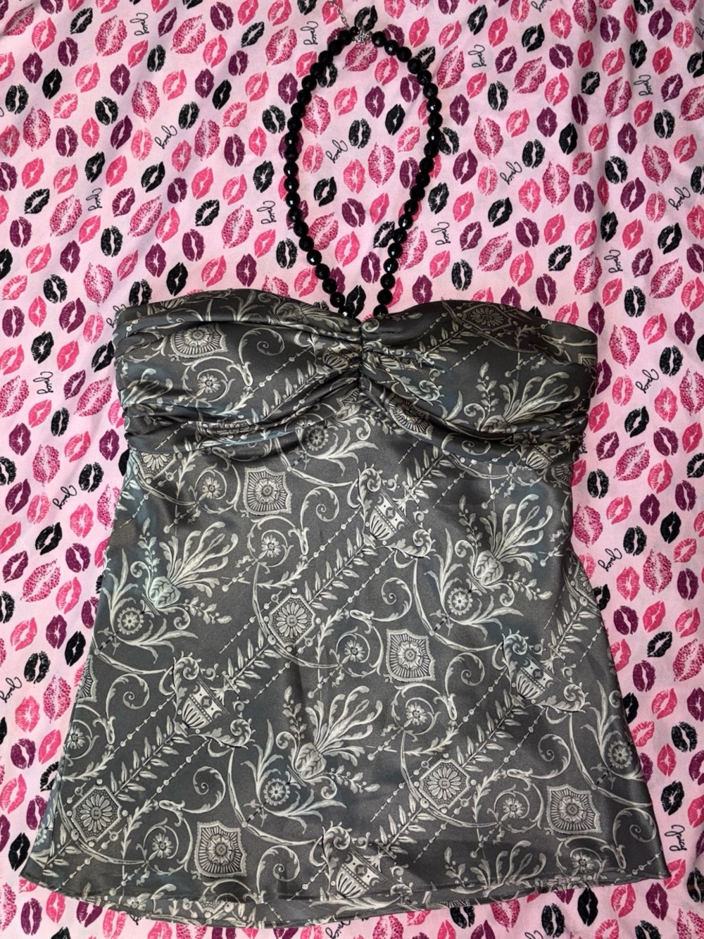 White House Black Market grey floral silk halter top